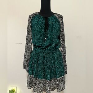 Michael Kors Teal and Black Printed Long-Sleeve Tiered Dress